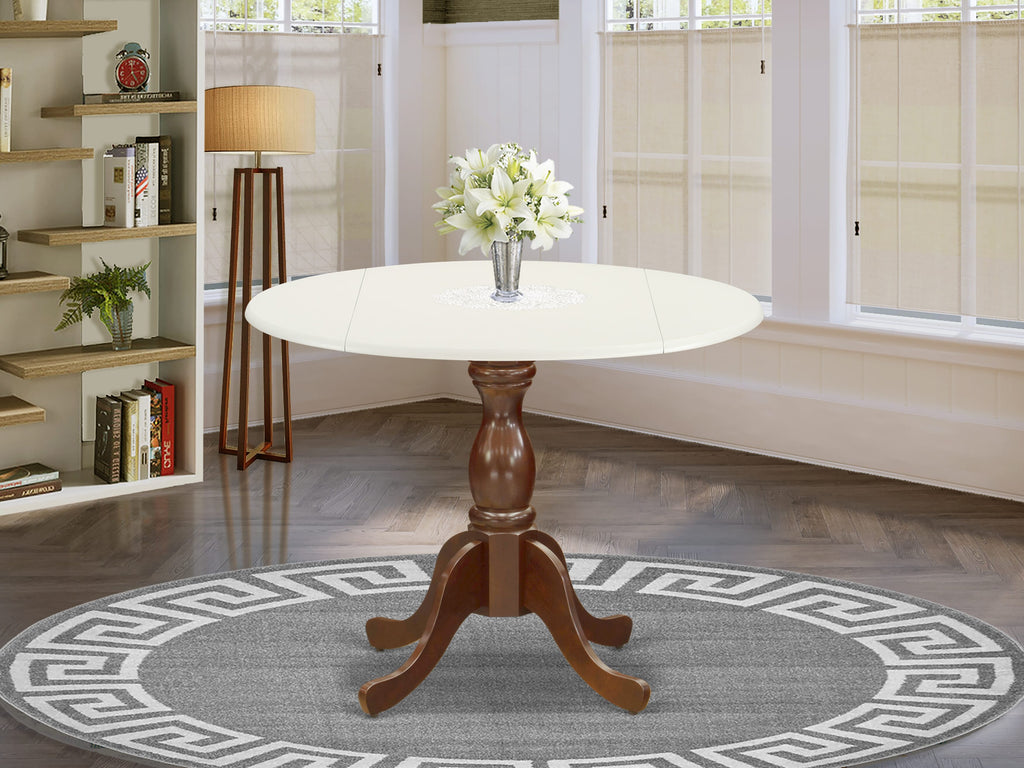 EAST WEST FURNITURE - DST-LMA-TP - Modern Dining Table with Drop Leaves - linen white Table Top and Mahogany Pedestal Leg Finish