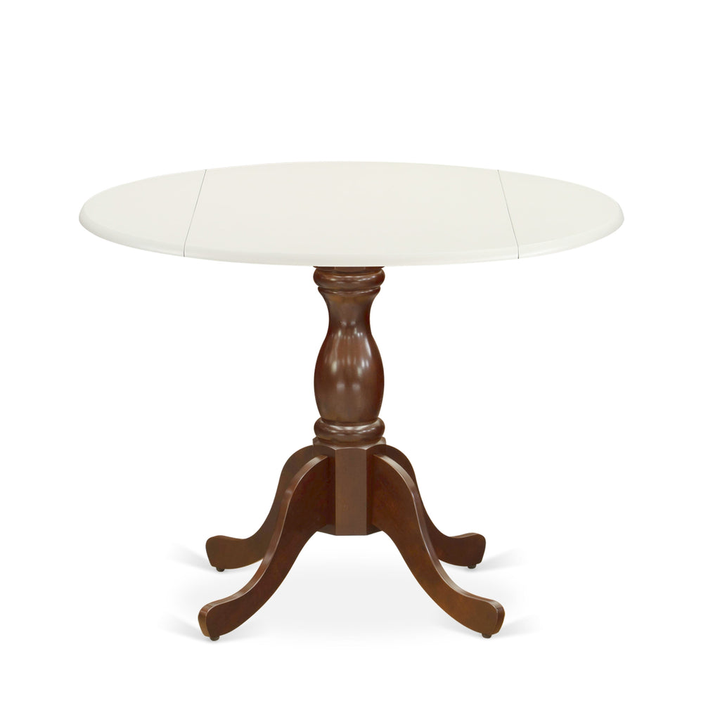 EAST WEST FURNITURE - DST-LMA-TP - Modern Dining Table with Drop Leaves - linen white Table Top and Mahogany Pedestal Leg Finish