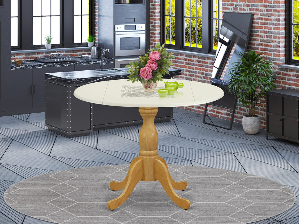 EAST WEST FURNITURE - DST-LOK-TP - Wood Dining Table with Drop Leaves - linen white Table Top and Oak Pedestal Leg Finish