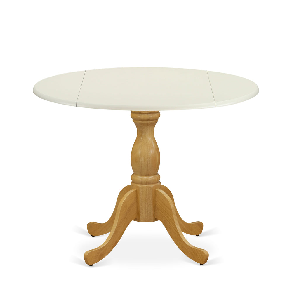 EAST WEST FURNITURE - DST-LOK-TP - Wood Dining Table with Drop Leaves - linen white Table Top and Oak Pedestal Leg Finish