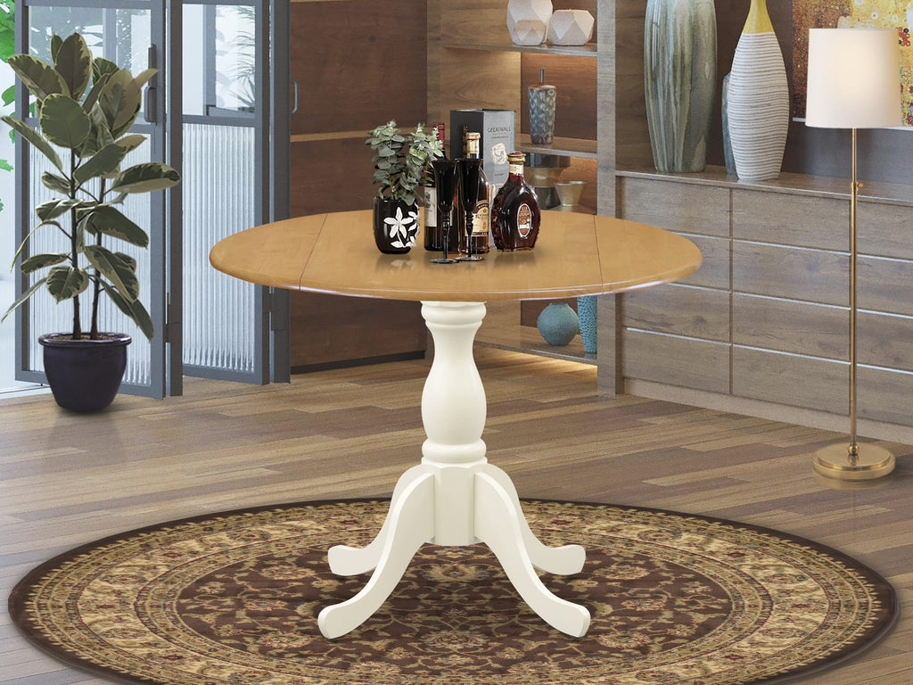 EAST WEST FURNITURE - DST-OLW-TP - Wooden Dining Table with Drop Leaves - Oak Table Top and linen white Pedestal Leg Finish