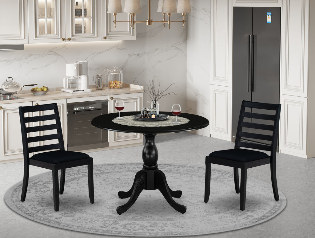 East West Furniture DSX13-BLK-24 -3 Piece Dining Set Includes a Round Kitchen Table with Black Tabletop and 2 Stackable Linen Fabric Chairs, Black