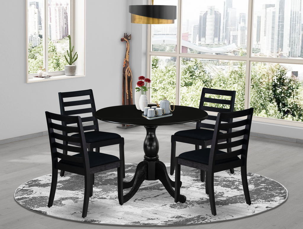 East West Furniture DSX15-BLK-24 -5 Piece Dining Set Includes a Round Kitchen Table with Black Tabletop and 4 Stackable Linen Fabric Chairs, Black