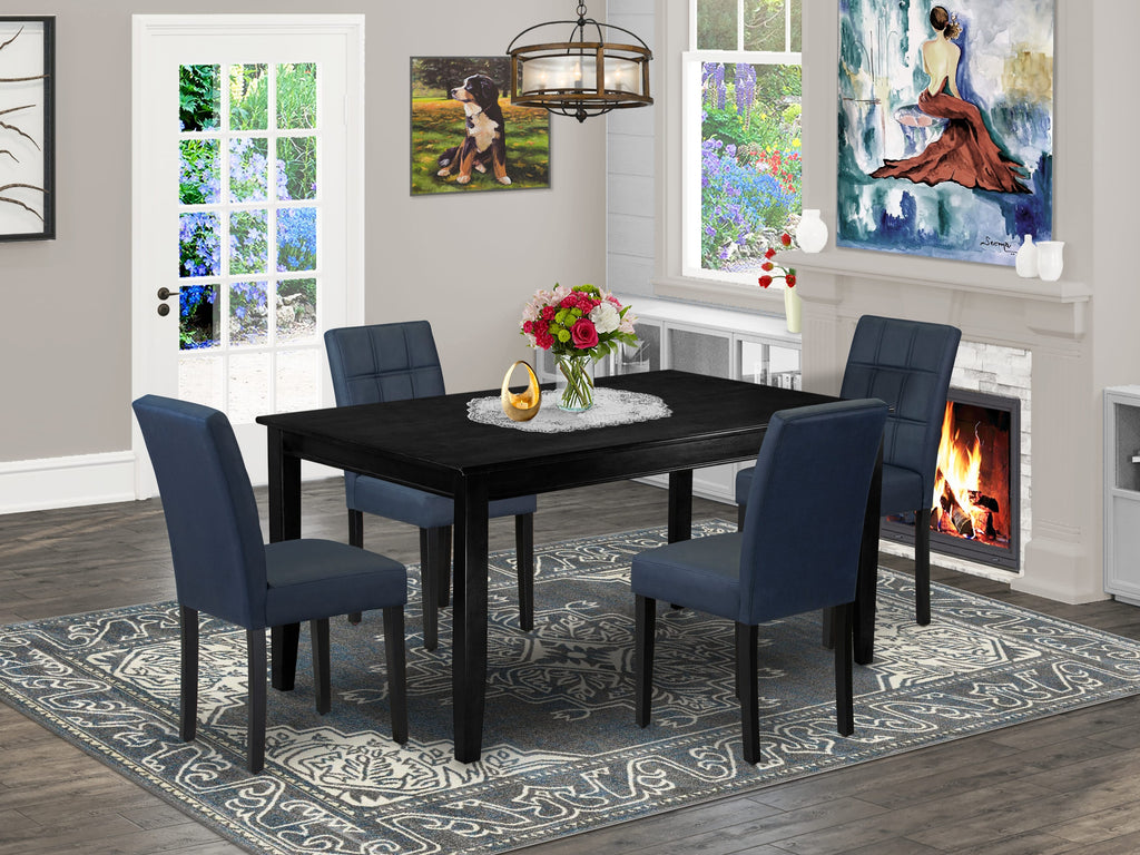 East West Furniture DUAS5-BLK-09 5 Piece Dinner Table Set Includes A Dining Table and 4 Dark Navy Blue Faux Leather Parson Kitchen Chairs with Stylish Back- Black Finish