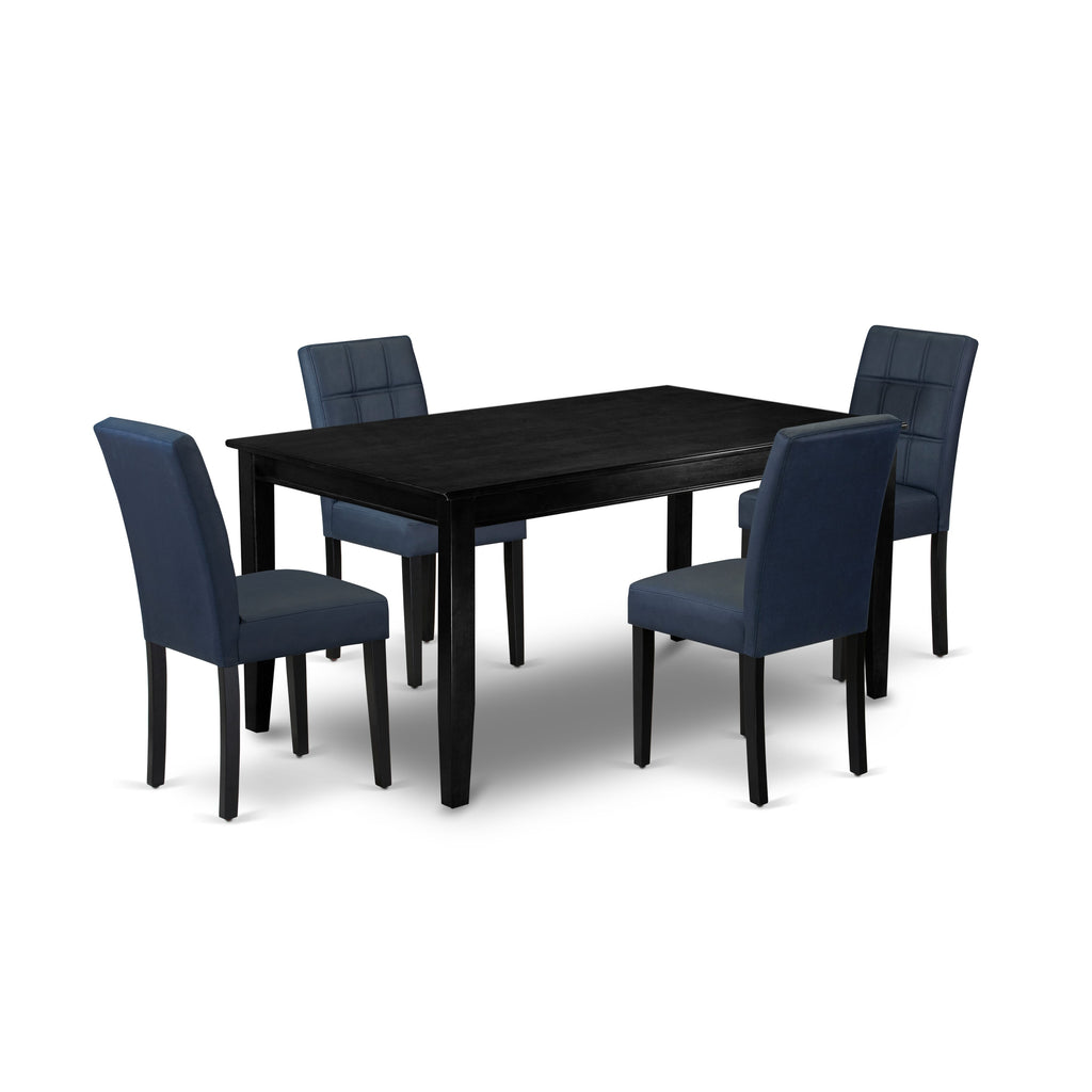 East West Furniture DUAS5-BLK-09 5 Piece Dinner Table Set Includes A Dining Table and 4 Dark Navy Blue Faux Leather Parson Kitchen Chairs with Stylish Back- Black Finish