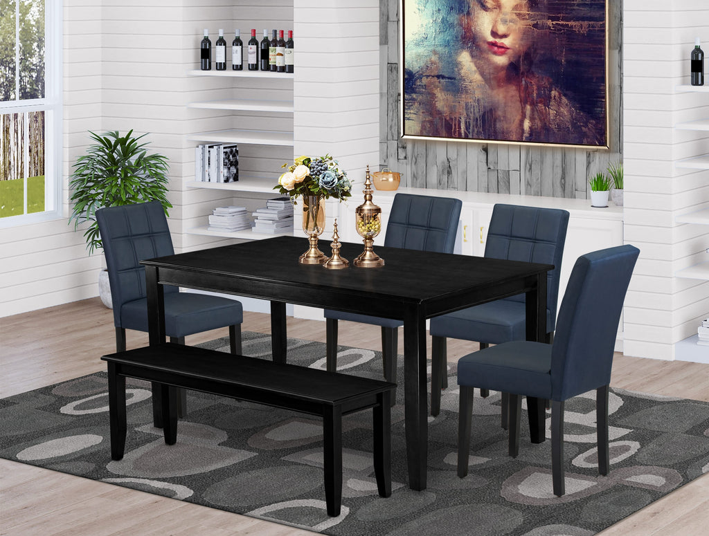 East West Furniture DUAS6-BLK-09 6 Piece Dining Table Set consists A Kitchen Table and a Modren Dining bench 4 Dark Navy Blue Faux Leather Parson Dining Chairs with Stylish Back- Black Finish