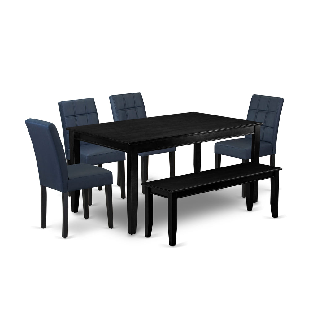 East West Furniture DUAS6-BLK-09 6 Piece Dining Table Set consists A Kitchen Table and a Modren Dining bench 4 Dark Navy Blue Faux Leather Parson Dining Chairs with Stylish Back- Black Finish