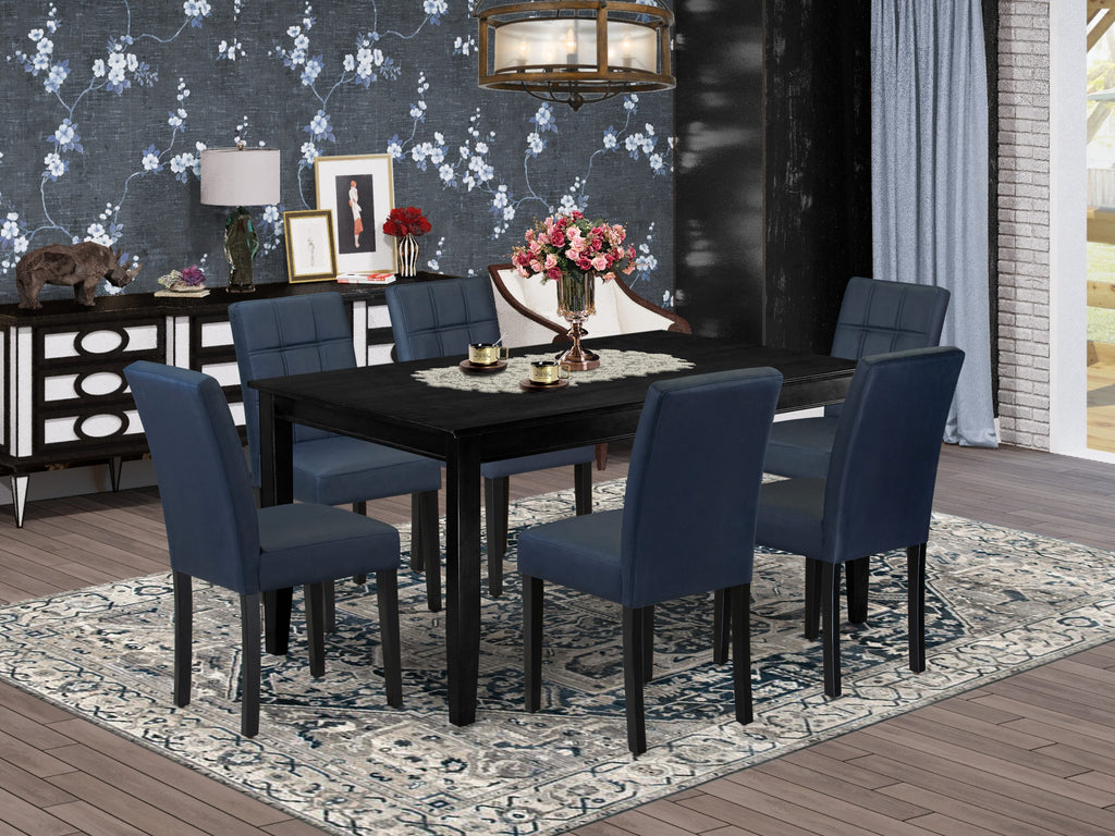 East West Furniture DUAS7-BLK-09 7 Piece Dinner Table Set contain A Kitchen Table and 6 Dark Navy Blue Faux Leather Person Kitchen Chairs with Stylish Back- Black Finish