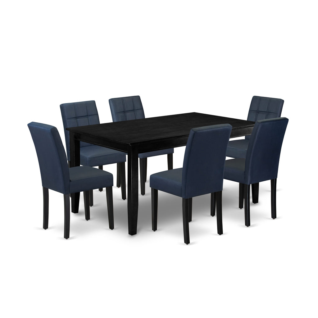 East West Furniture DUAS7-BLK-09 7 Piece Dinner Table Set contain A Kitchen Table and 6 Dark Navy Blue Faux Leather Person Kitchen Chairs with Stylish Back- Black Finish