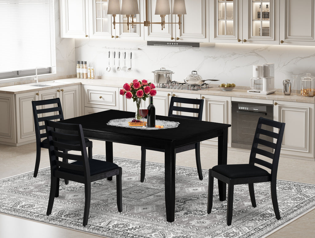 East West Furniture DUX15-BLK-24-5 Piece Dining Set Includes a Rectangular Kitchen Table with Black Tabletop and 4 Stackable Faux Leather Chairs, Black