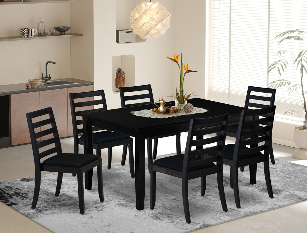 East West Furniture DUX17-BLK-24 -7 Piece Dining Set Includes a Rectangular Kitchen Table with Black Tabletop and 6 Stackable Linen Fabric Chairs, Black