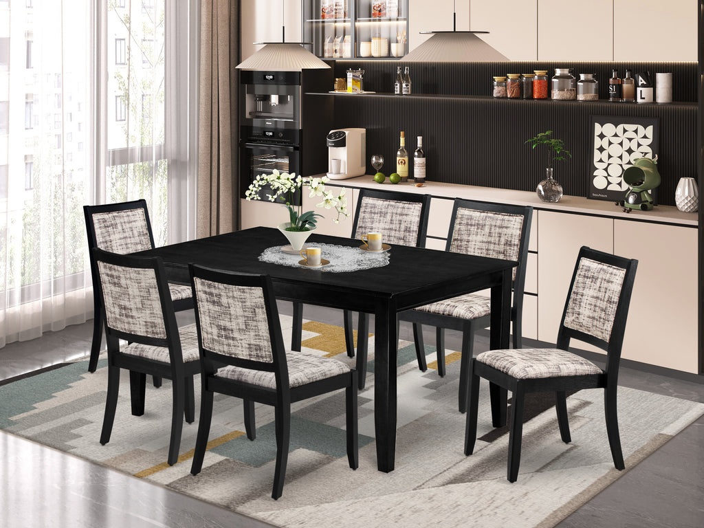 East West Furniture DUX27-BLK-30 -7 Piece Dining Set Includes a Rectangular Kitchen Table with Black Tabletop and 6 Stackable Faux Leather Chairs, Black