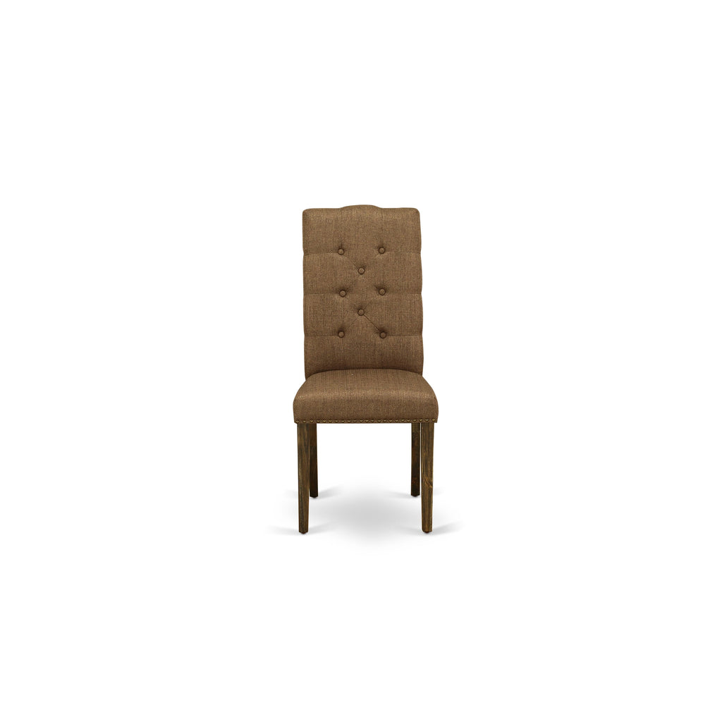 East West Furniture X777EL718-9 9-Pc Rectangular Dinette Set a beautiful Distressed Jacobean Small Table top and 8 Wonderful Upholstered Dining chairs with Nail Heads and Button Tufted, Distressed Jacobean Finish