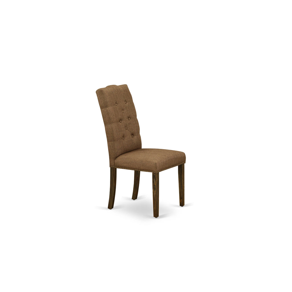 East West Furniture X777EL718-5 5-Piece Dining room SetIncluded 4 kitchen chairs Upholstered Seat and High Button Tufted Chair Back and Rectangular dining table with Distressed Jacobean Mid Century Dining Table top (Distressed Jacobean Finish)