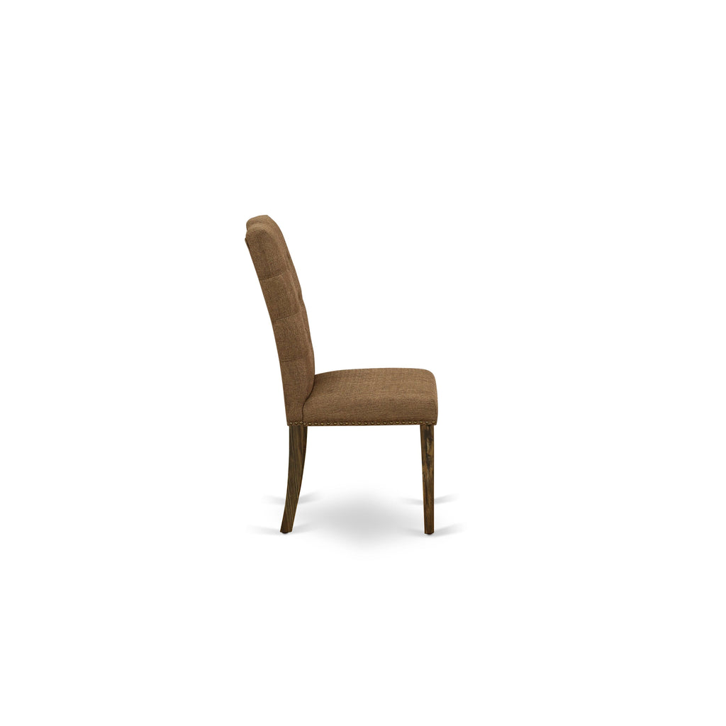 East West Furniture X777EL718-5 5-Piece Dining room SetIncluded 4 kitchen chairs Upholstered Seat and High Button Tufted Chair Back and Rectangular dining table with Distressed Jacobean Mid Century Dining Table top (Distressed Jacobean Finish)