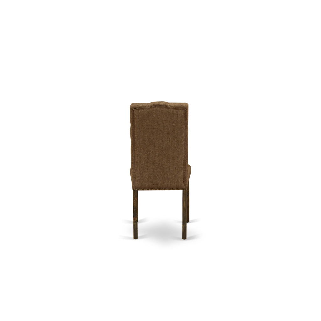East West Furniture X777EL718-9 9-Pc Rectangular Dinette Set a beautiful Distressed Jacobean Small Table top and 8 Wonderful Upholstered Dining chairs with Nail Heads and Button Tufted, Distressed Jacobean Finish