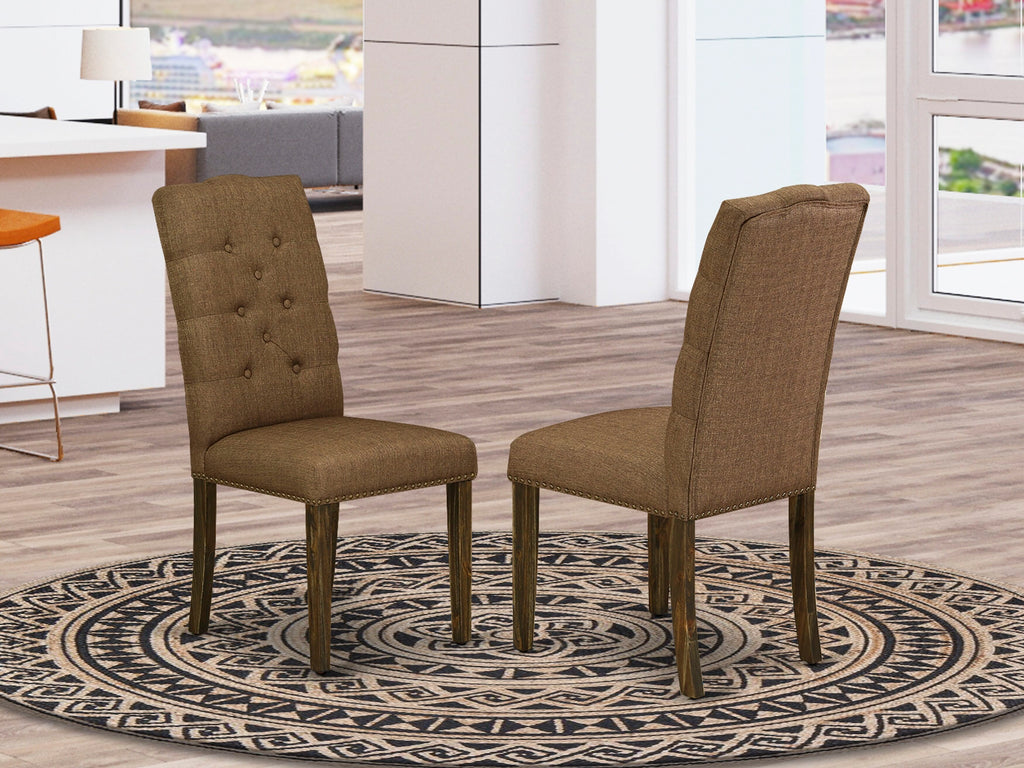 East West Furniture X777EL718-5 5-Piece Dining room SetIncluded 4 kitchen chairs Upholstered Seat and High Button Tufted Chair Back and Rectangular dining table with Distressed Jacobean Mid Century Dining Table top (Distressed Jacobean Finish)