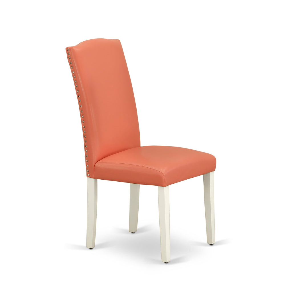 East West Furniture ENP2T78 Encinal Parsons Dining Chairs - Nailhead Trim Pink Flamingo Faux Leather Upholstered Chairs