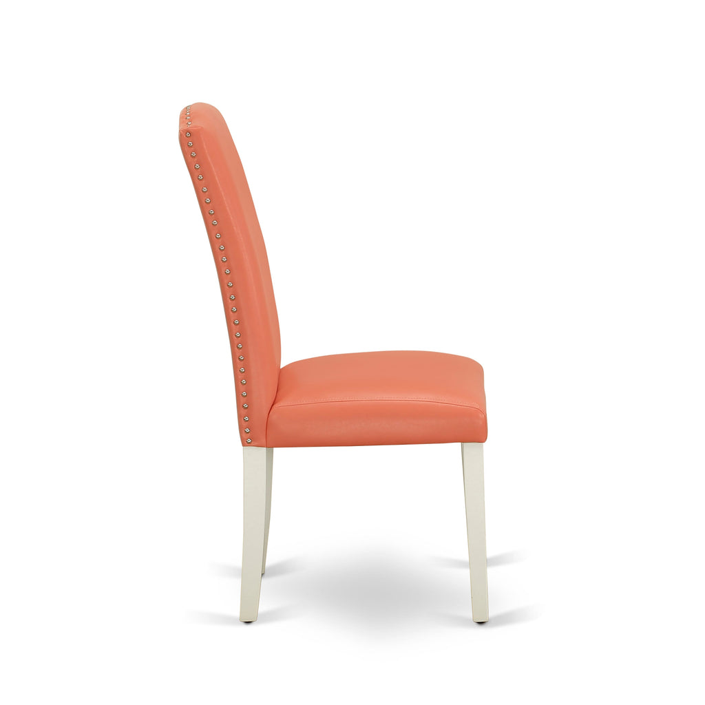 East West Furniture ENP2T78 Encinal Parsons Dining Chairs - Nailhead Trim Pink Flamingo Faux Leather Upholstered Chairs
