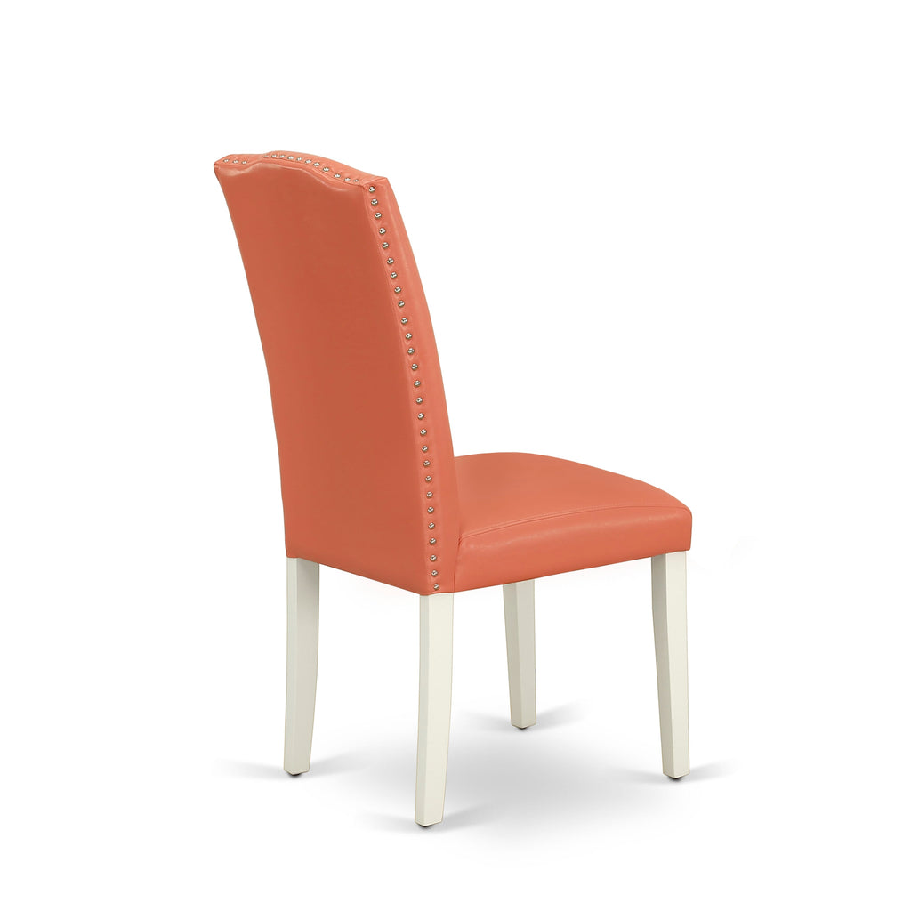 East West Furniture ENP2T78 Encinal Parsons Dining Chairs - Nailhead Trim Pink Flamingo Faux Leather Upholstered Chairs