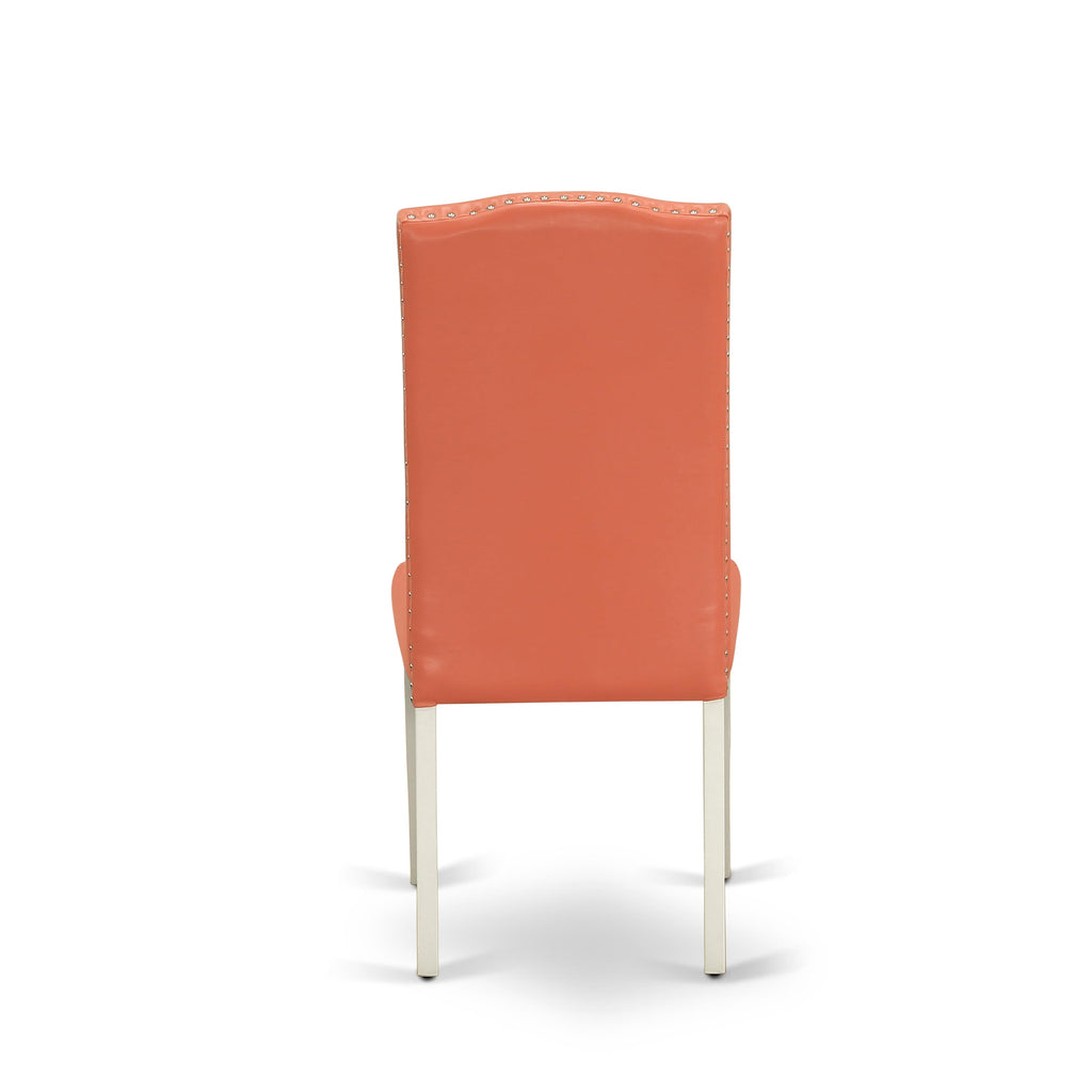 East West Furniture ENP2T78 Encinal Parsons Dining Chairs - Nailhead Trim Pink Flamingo Faux Leather Upholstered Chairs
