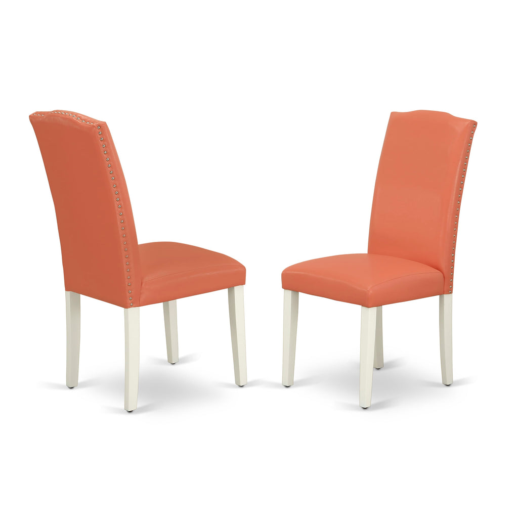 East West Furniture ENP2T78 Encinal Parsons Dining Chairs - Nailhead Trim Pink Flamingo Faux Leather Upholstered Chairs