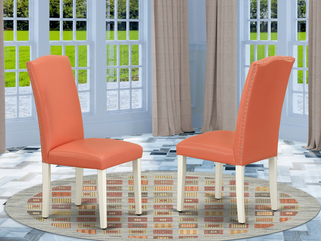 East West Furniture ENP2T78 Encinal Parsons Dining Chairs - Nailhead Trim Pink Flamingo Faux Leather Upholstered Chairs