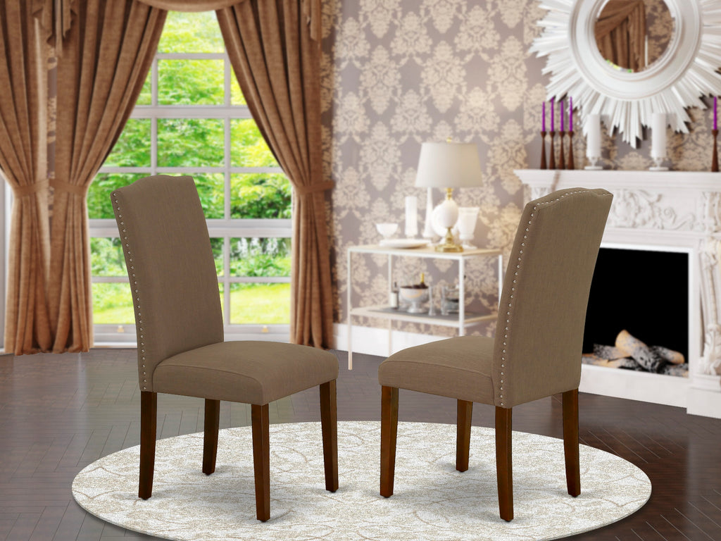 East West Furniture ENP3T18 Encinal Parson Dining Chairs - Nailhead Trim Dark Coffee Linen Fabric Upholstered Chairs