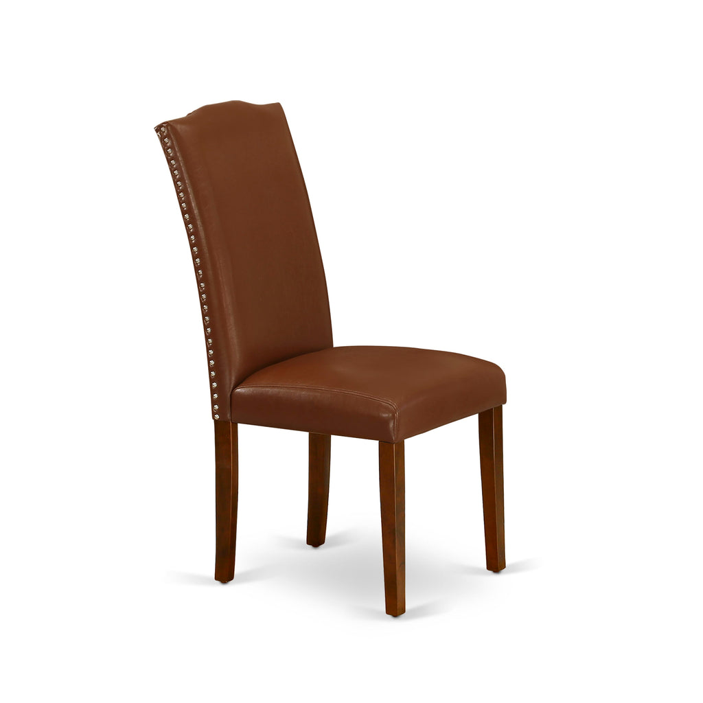 East West Furniture ENP3T66 Encinal Parsons Dining Chairs - Nailhead Trim Brown Faux Faux Leather Upholstered Chairs
