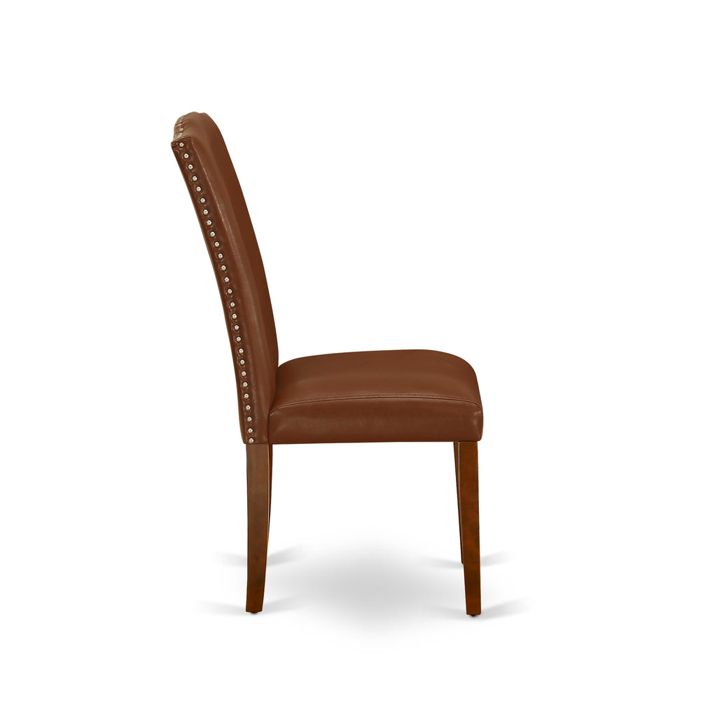 East West Furniture ENP3T66 Encinal Parsons Dining Chairs - Nailhead Trim Brown Faux Faux Leather Upholstered Chairs