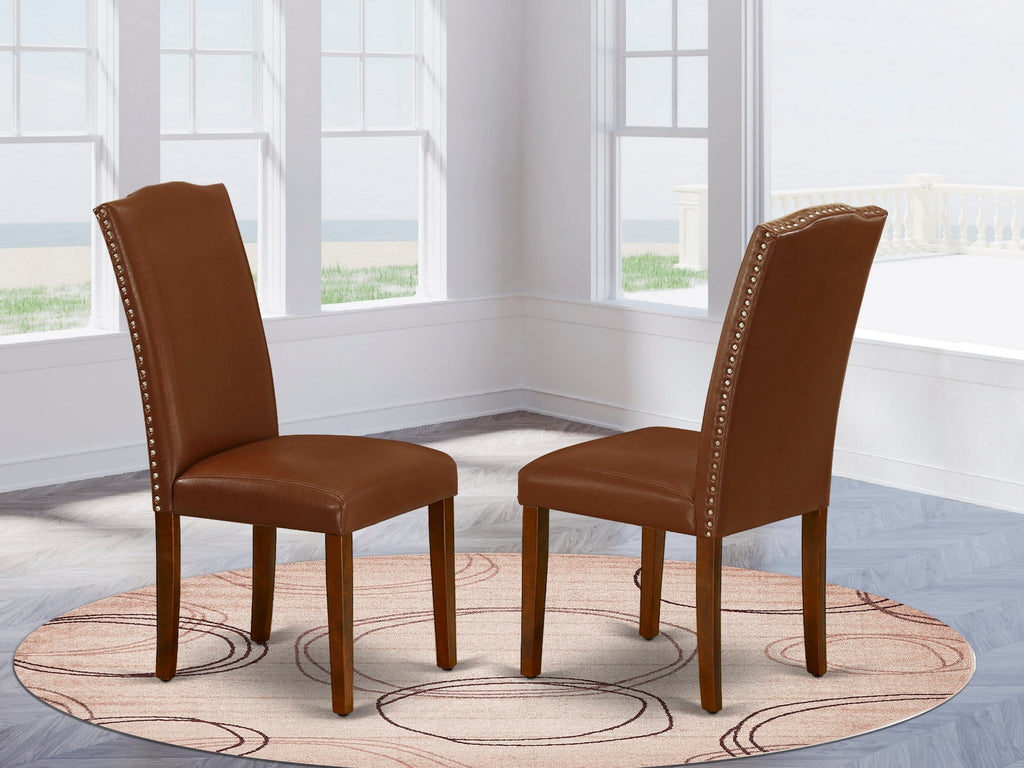 East West Furniture ENP3T66 Encinal Parsons Dining Chairs - Nailhead Trim Brown Faux Faux Leather Upholstered Chairs