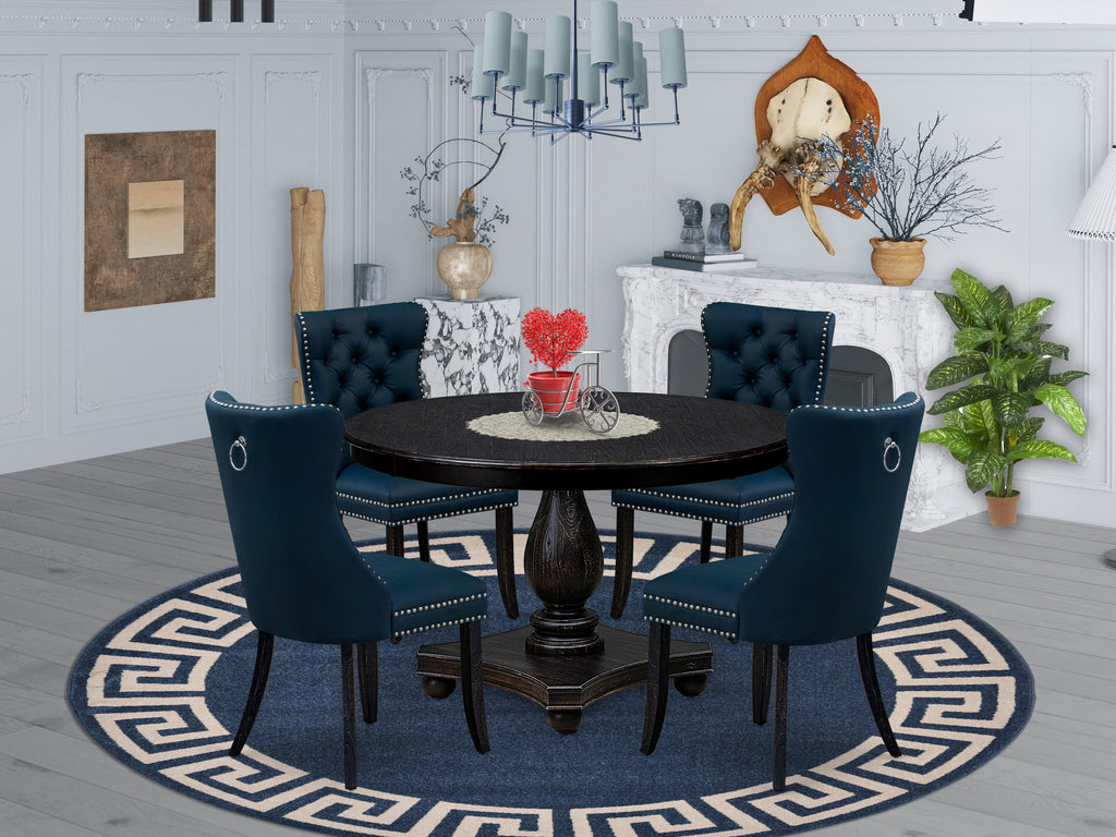 Luxe by East West Furniture F2DA5-411-29 5 Piece Dining Table Set Includes a 48" Round Table with Pedestal and 4 Navy Blue Faux Leather Upholstered Chairs, Sand Blasted Black
