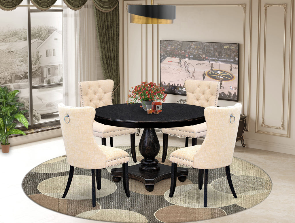 Luxe by East West Furniture F2DA5-411-32 5-piece Kitchen Set contains a kitchen table and 4 Light Beige Linen Fabric dinner chair with Button Tufted Back - Sand Blasted Black