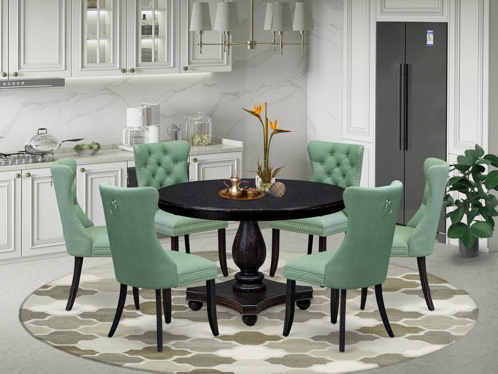 Luxe by East West Furniture F2DA7-411-22 7 Piece Dinette Set Consists of a 48" Round Table with Pedestal and 6 Willow Green Faux Leather Dining Chairs, Sand Blasted Black