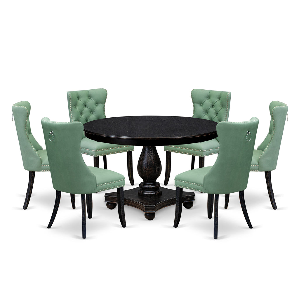 Luxe by East West Furniture F2DA7-411-22 7 Piece Dinette Set Consists of a 48" Round Table with Pedestal and 6 Willow Green Faux Leather Dining Chairs, Sand Blasted Black