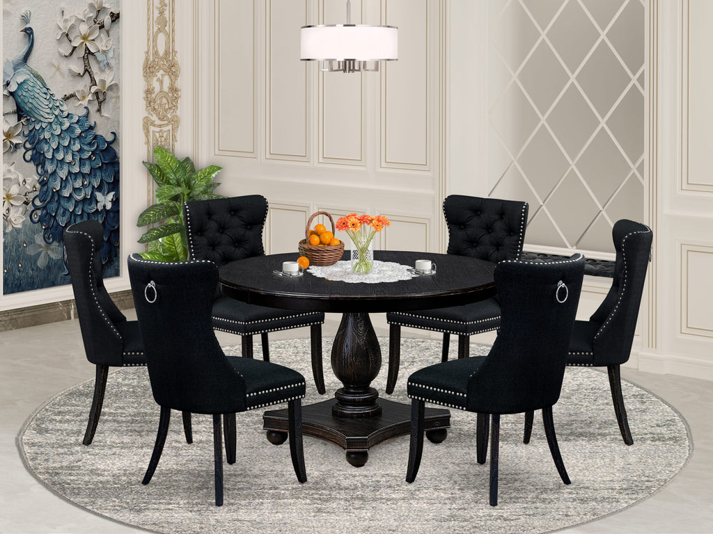 Luxe by East West Furniture F2DA7-411-24 7 Piece Kitchen Table Set Consists of a 48" Round Table with Pedestal and 6 Black Linen Fabric Upholstered Chairs, Sand Blasted Black