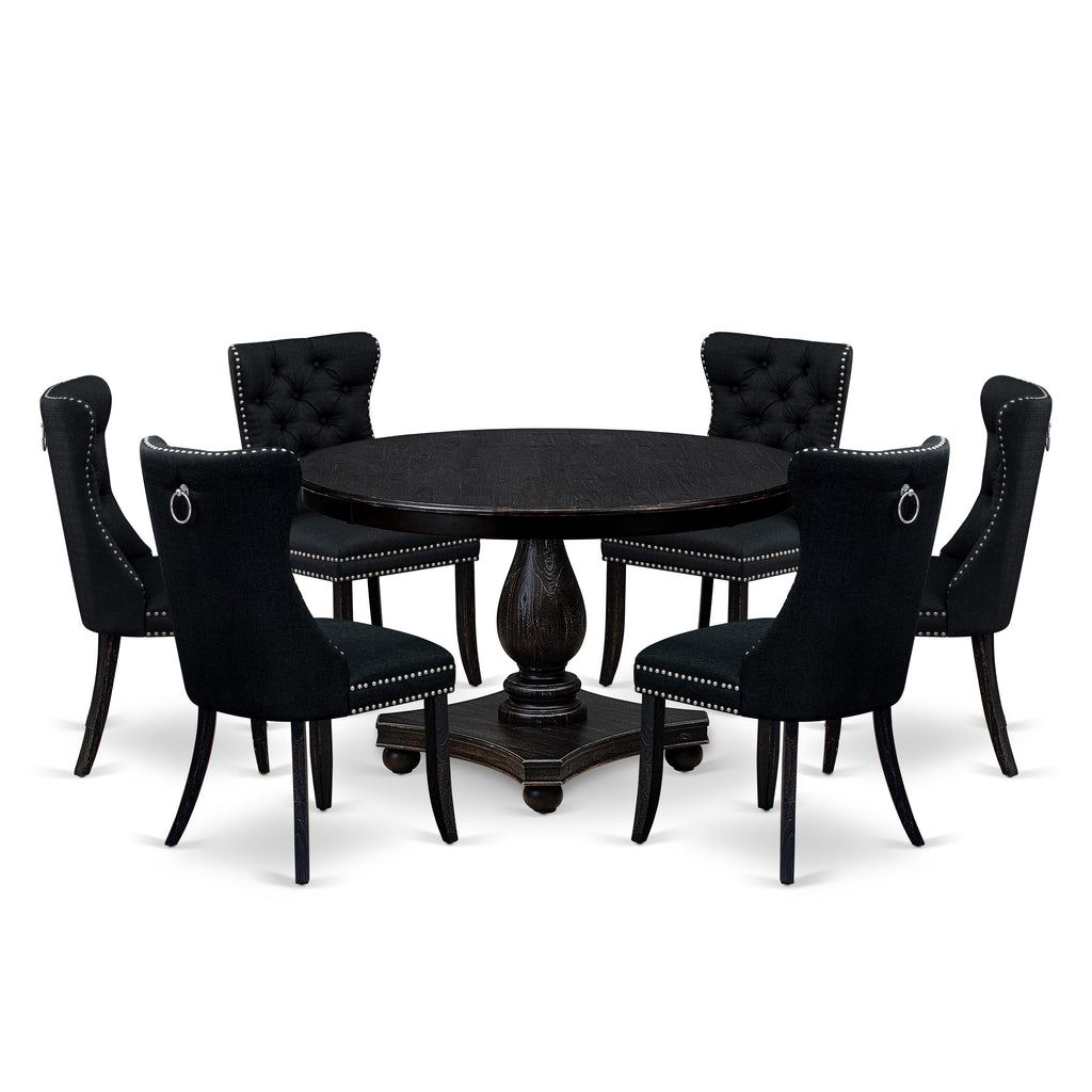 Luxe by East West Furniture F2DA7-411-24 7 Piece Kitchen Table Set Consists of a 48" Round Table with Pedestal and 6 Black Linen Fabric Upholstered Chairs, Sand Blasted Black