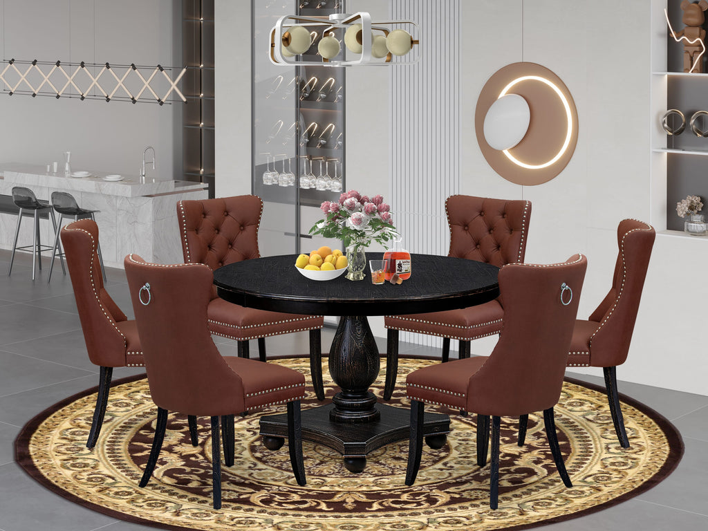 Luxe by East West Furniture F2DA7-411-26 7 Piece Dining Table Set Contains a 48" Round Table with Pedestal and 6 Burgandy Faux Leather Upholstered Chairs, Sand Blasted Black