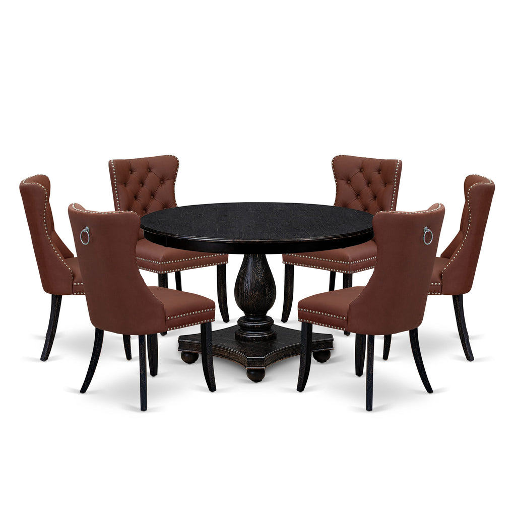 Luxe by East West Furniture F2DA7-411-26 7 Piece Dining Table Set Contains a 48" Round Table with Pedestal and 6 Burgandy Faux Leather Upholstered Chairs, Sand Blasted Black