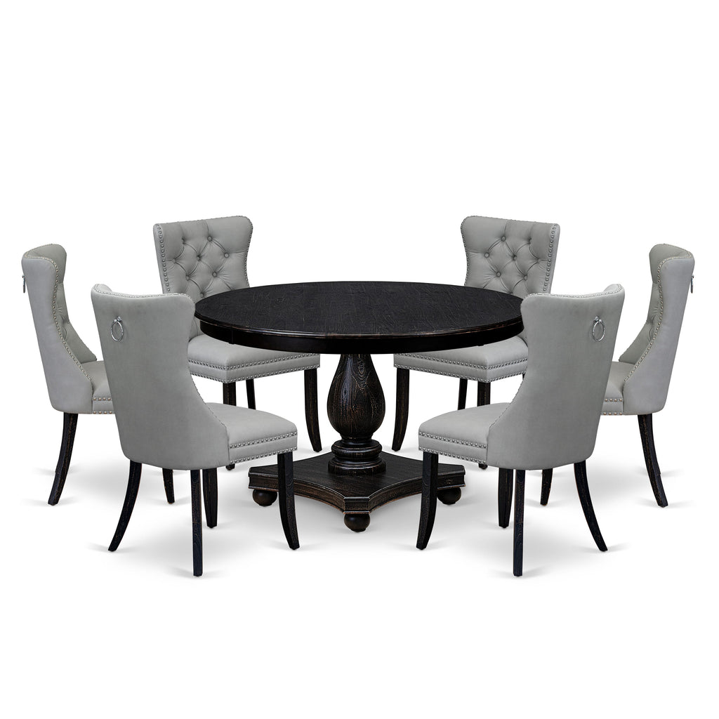 Luxe by East West Furniture F2DA7-411-27 7 Piece Dining Table Set Contains a 48" Round Table with Pedestal and 6 Light Gray Faux Leather Upholstered Chairs, Sand Blasted Black