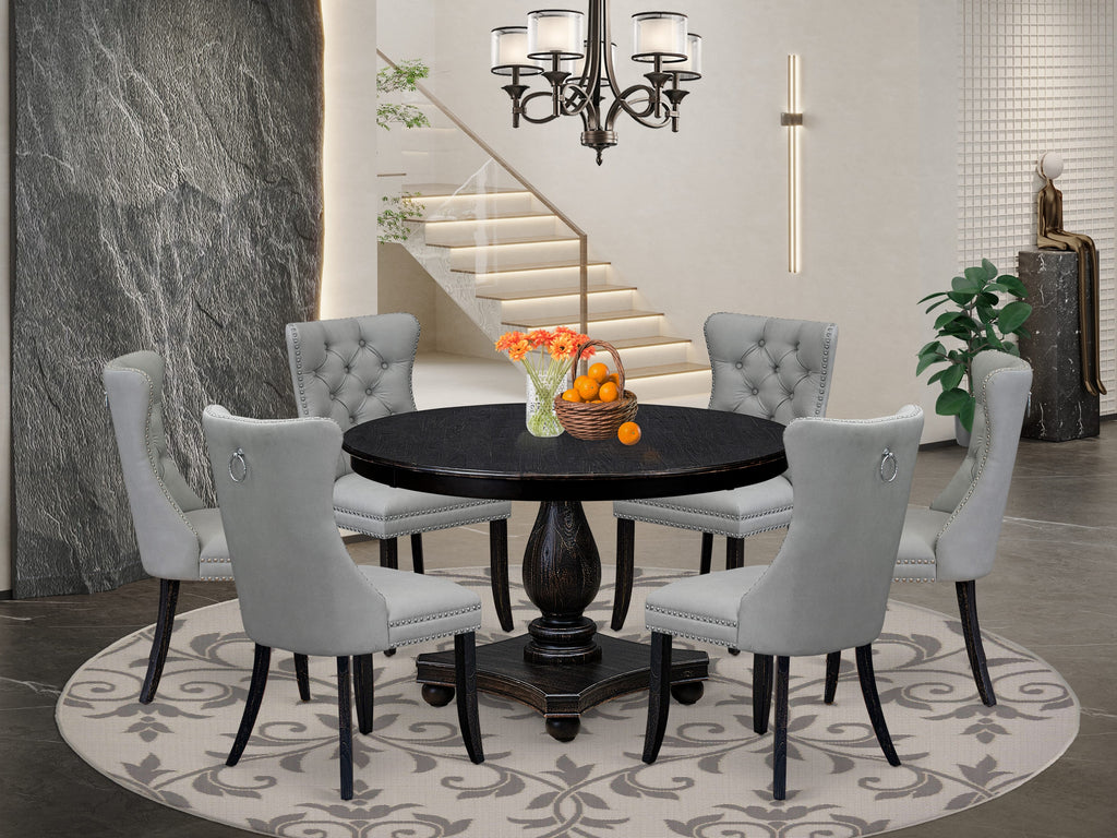 Luxe by East West Furniture F2DA7-411-27 7 Piece Dining Table Set Contains a 48" Round Table with Pedestal and 6 Light Gray Faux Leather Upholstered Chairs, Sand Blasted Black