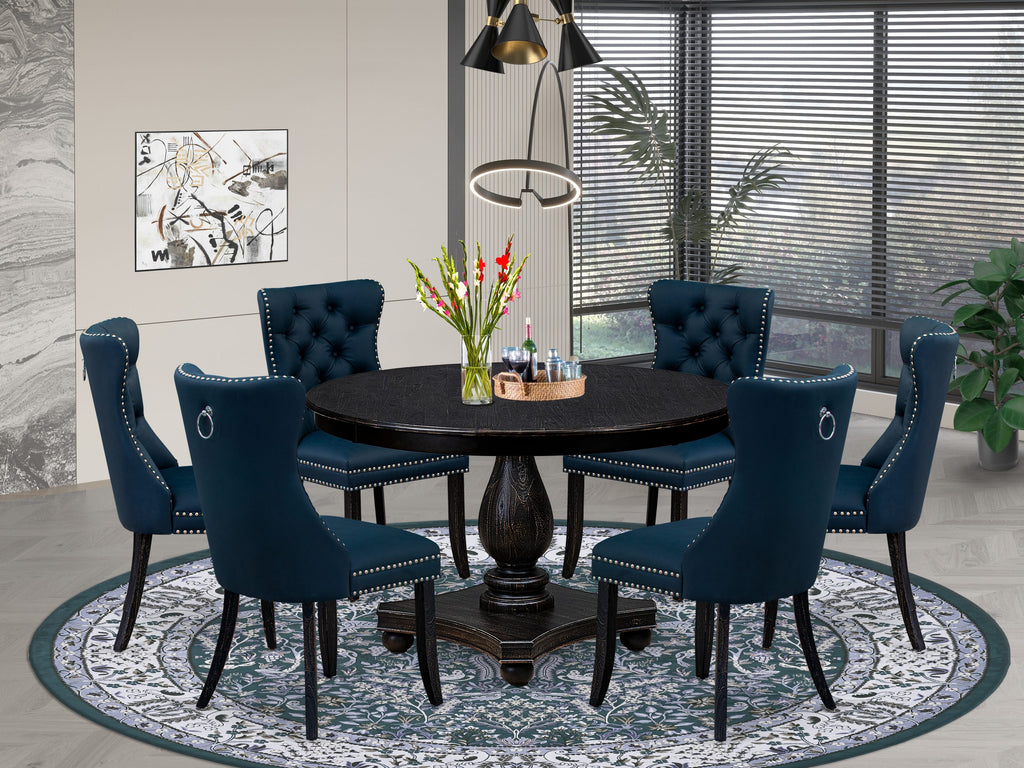 Luxe by East West Furniture F2DA7-411-29 7 Piece Dining Table Set Consists of a 48" Round Table with Pedestal and 6 Navy Blue Faux Leather Padded Chairs, Sand Blasted Black