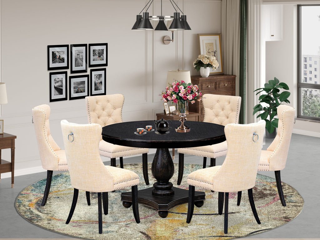 Luxe by East West Furniture F2DA7-411-32 7-piece Dining Set included a wooden table and 6 Light Beige Linen Fabric dinning chairs with Button Tufted Back - Sand Blasted Black