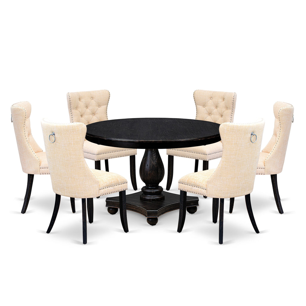 Luxe by East West Furniture F2DA7-411-32 7-piece Dining Set included a wooden table and 6 Light Beige Linen Fabric dinning chairs with Button Tufted Back - Sand Blasted Black