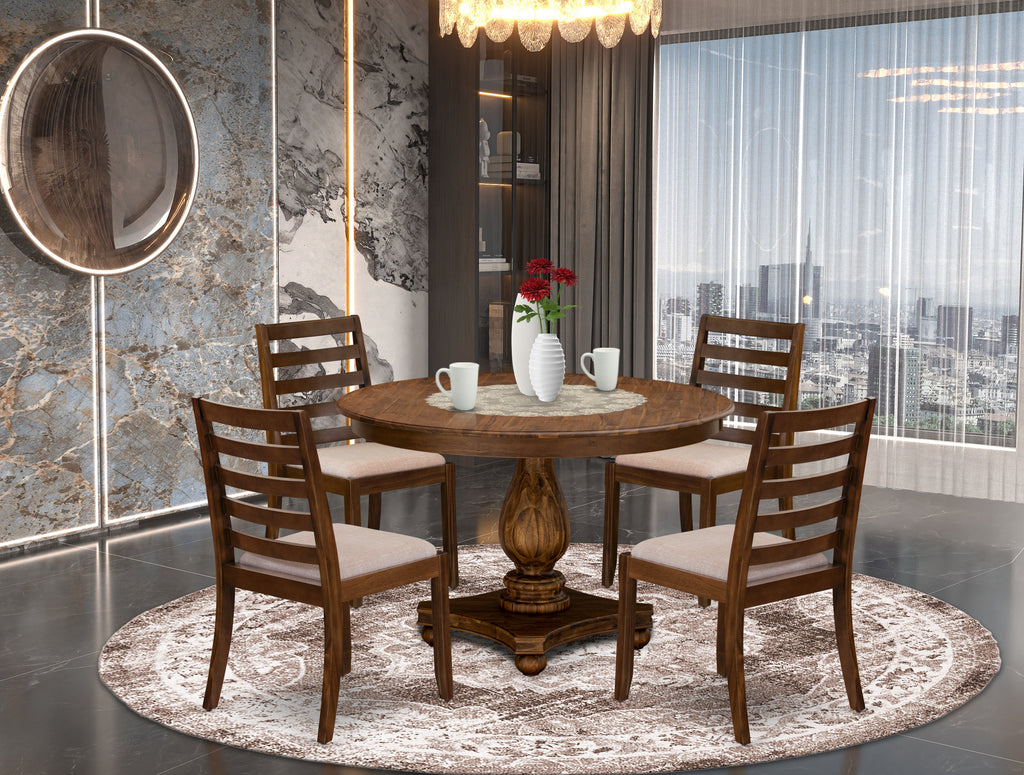 East West Furniture F2X15-0N-04 5-piece Dining Room set consists of a Round Kitchen Table and 4 Light Tan Linen Fabric stackable Dining Chair, Antique Walnut Finish.