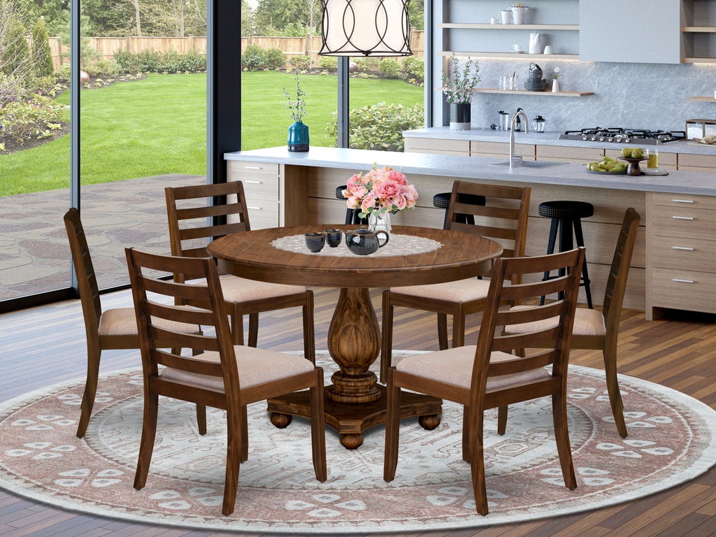 East West Furniture F2X17-0N-04 7-piece Dining Room Table Set included a Round Kitchen Table and 6 Light Tan Linen Fabric stackable Dining Chair, Antique Walnut Finish.