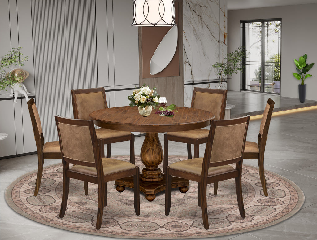 East West Furniture F2X27-0N-28 7-piece Kitchen Table Set included a Round Kitchen Table and 6 Brown Textured Faux Leather stackable kitchen Chair, Antique Walnut Finish.