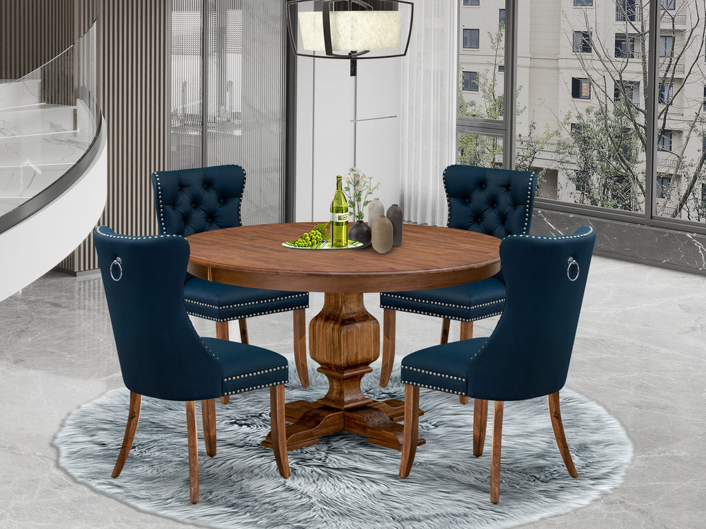 Luxe by East West Furniture F3DA5-50N-29 5-Pc Dining Table Set Include a Round Dining Table and 4 Navy Blue Faux Leather Dining Chairs with Button-Tufted Back, Antique Walnut