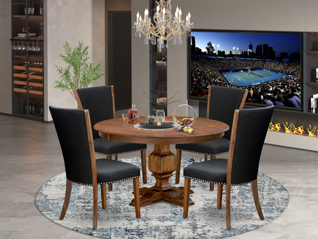 Luxe by East West Furniture F3VE5-50N-24 5 Piece Dining Table Set for 4 Includes a 54" Round Table with Pedestal and 4 Black Linen Fabric Parson Chairs, Antique Walnut