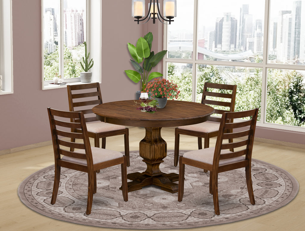 East West Furniture F3X15-0N-04 5-piece Modern Dining Table set included a Round Kitchen Table and 4 Light Tan Linen Fabric stackable Dining Chair, Antique Walnut Finish.